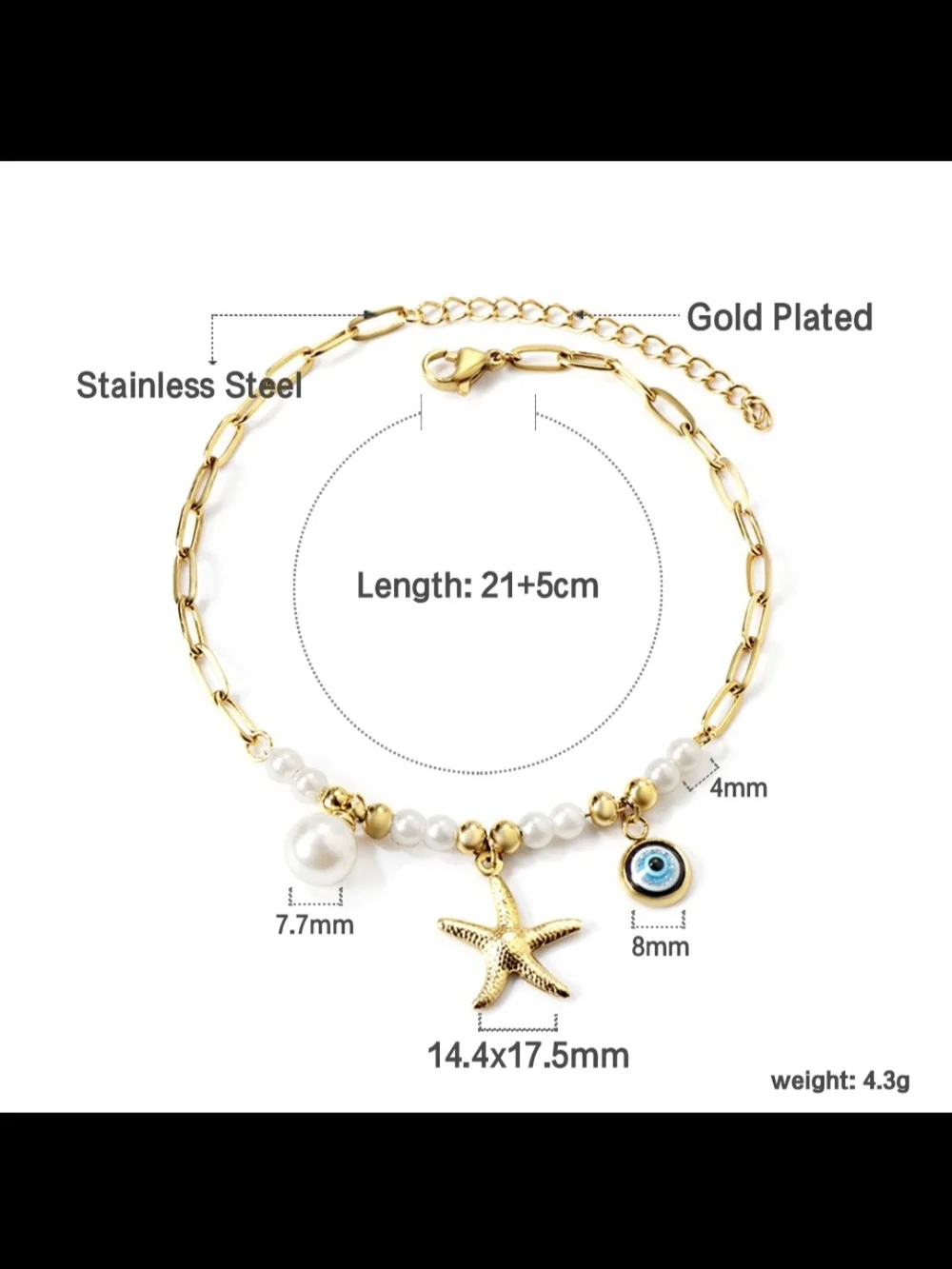 Gold Pearl Starfish Charm Anklet with Blue Evil Eye - Women Jewelry